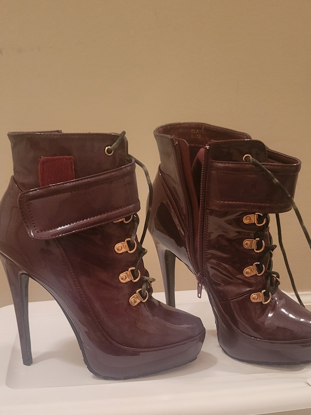 Women's Burgundy Patent High Heel Ankle Booties